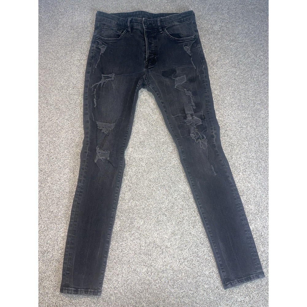 H & M Coupe Moulante Skinny Fit Distressed Men's Black Jeans‎ Button Fly Sz 33